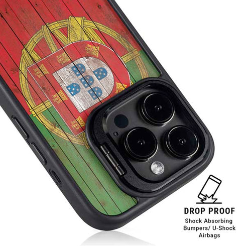 Portuguese Flag Dark Wood iPhone 14 Pro Kickstand Case